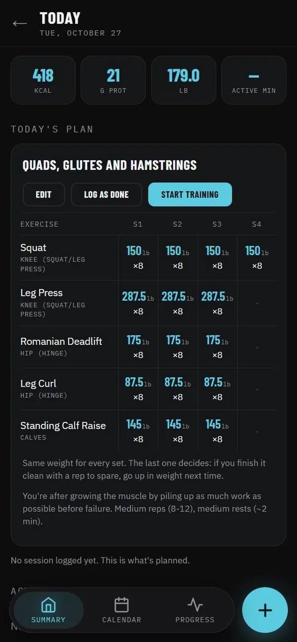 A day in Maipo: calories, protein and weight, and the training plan with weight and reps for each set.