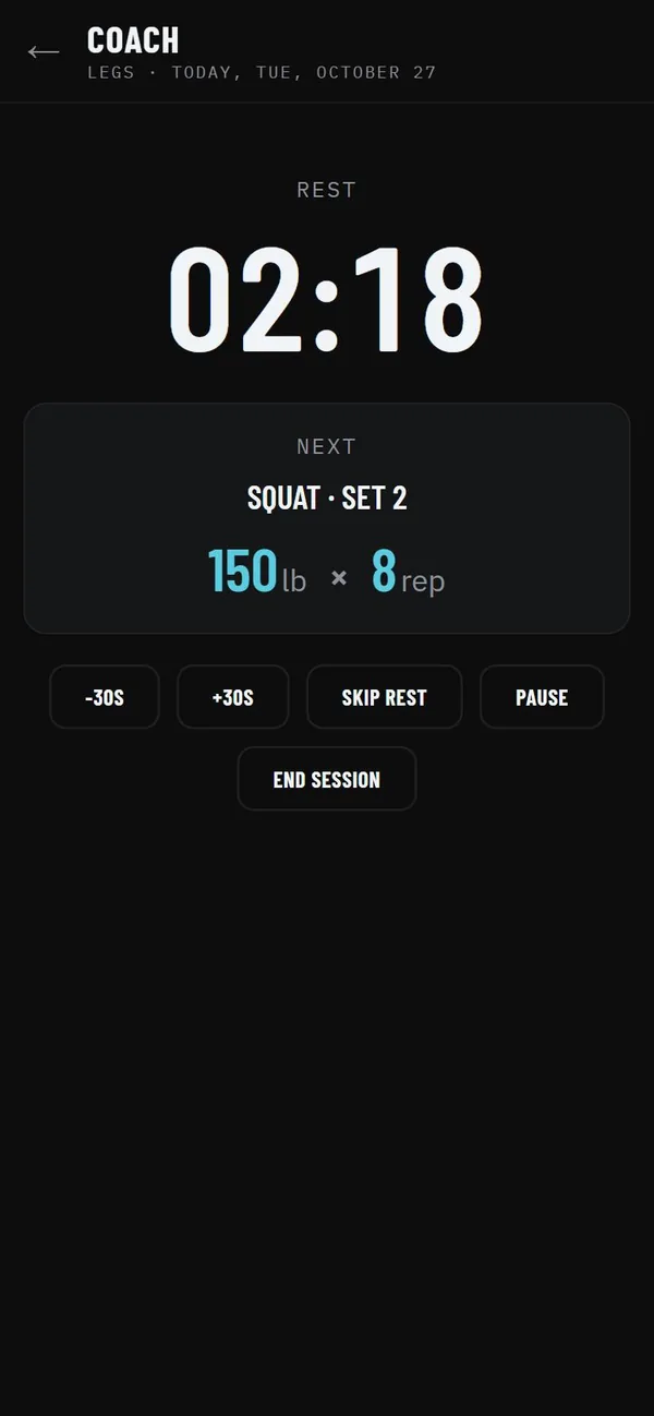 The live trainer in Maipo: the rest countdown and the next set.