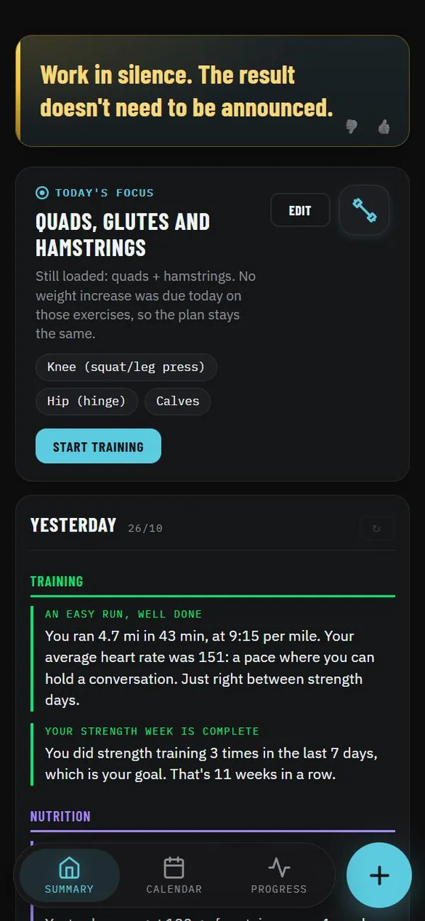 The Summary screen in Maipo: the line of the day and today's focus.